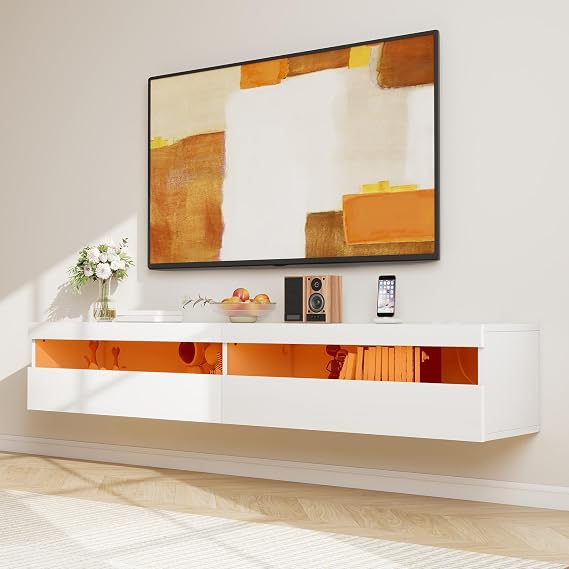 180cm Floating TV Stand with LED Lights & Power Socket, High Gloss Modern Media Unit with Storage 71", Wall Mounted TV Cabinet for 65/75/80 inch TVs,White