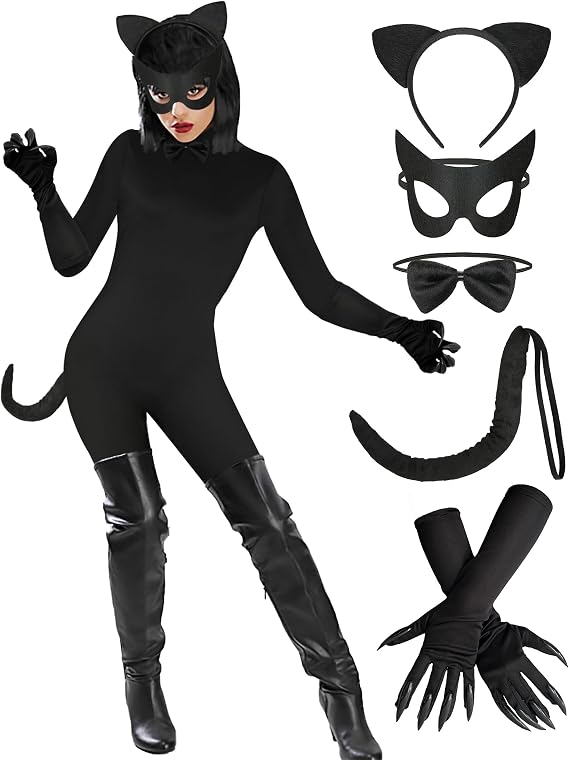 Halloween Black Catsuit Costume for Women Jumpsuit Onepiece with Headband Glove bow tie Tail