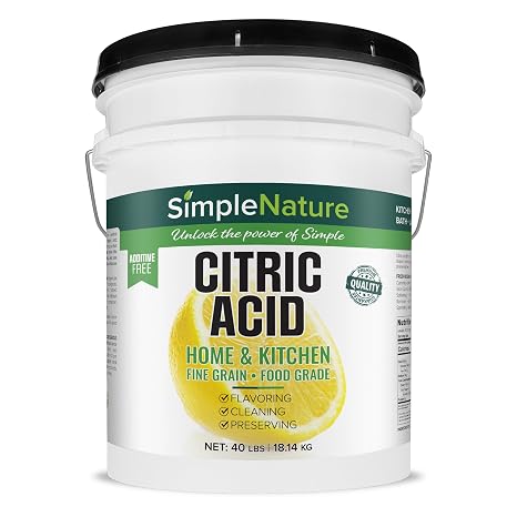 SimpleNature All Natural Citric Acid | 40 lbs Bucket with Scoop | Anhydrous, Food-Grade Flavor Enhancer, Preservative, Household Cleaner | OMRI, Non-GMO, for Cooking, Cleaning, Personal Care & Bath