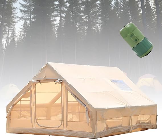 Air Tent for Camping with Electric Pump, 4 Season Inflatable Glamping House with Base Vents, Weather Proof Oxford Cabin Tent with Stove Jack, Quick Inflation