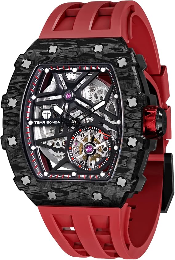 TSAR BOMBA Men's Watch Automatic 50M Waterproof Mechanical Wristwatch Skeleton Tonneau Design Luxury Square Stylish Sports Work Watches for Men Gift for Men