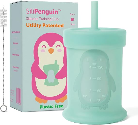 Silipint Silicone Training Cup with Straw Lid, Soft Sippy & Smoothie Cup for Babies 6+ Months, Baby Drinking Cup for Baby-Led Weaning, BPA Free, Dishwasher Safe, 5 oz Green