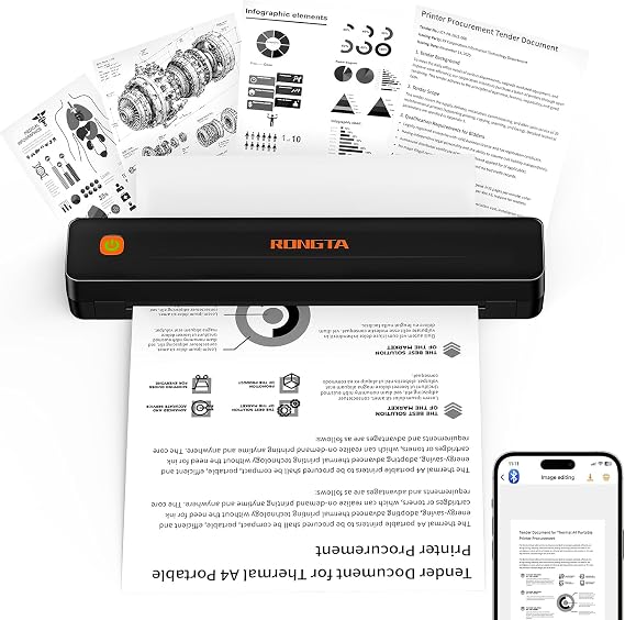 Rongta Thermal Portable Printers Wireless for Travel, Bluetooth Mobile Printer, Inkless Printer for School/Office/Home Use, Compatible with Android,iOS & Laptop(Black)