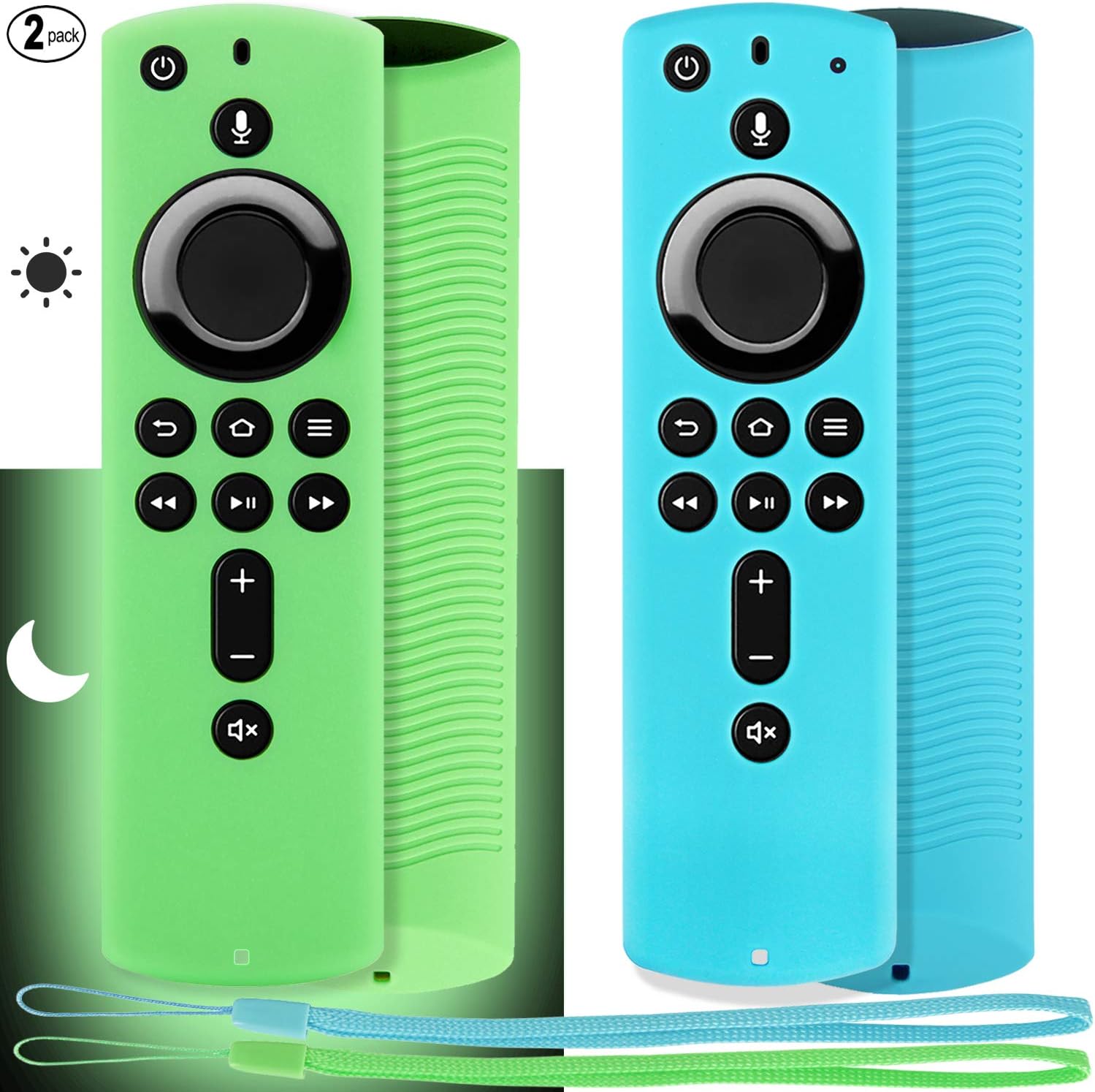 Pinowu Firestick Remote Cover Case 2 Pack Compatible with Fire TV Stick 4K Alexa Voice Remote Control 5.6” 2nd Gen Green Glow&amp; Turquoise Not Glow