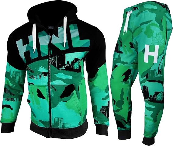 A2Z Men's Tracksuit Fashion Full HNL Print Athletic Contrast Paneled Hooded Fleece Zip Up Top & Jogging Gym Bottoms