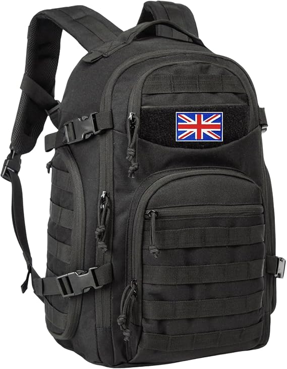 TRAILKICKER 35L Tactical Laptop Backpack Military Molle Army Assault Pack 3 Day Bug Out Bag Hiking Treeking Camouflage Hunting Backpack for Men w/United Kingdom Flag Patch