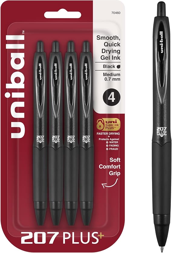uniballTM 207 Plus+ Gel Pens, Black Ink, 0.7mm Medium Point, 4 Count