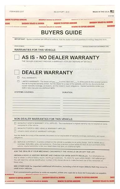 Donkey Auto Products 2 Part Buyers Guide Form - Adhesive Tape - English - As is - (100 per Pack) (2026 Version)