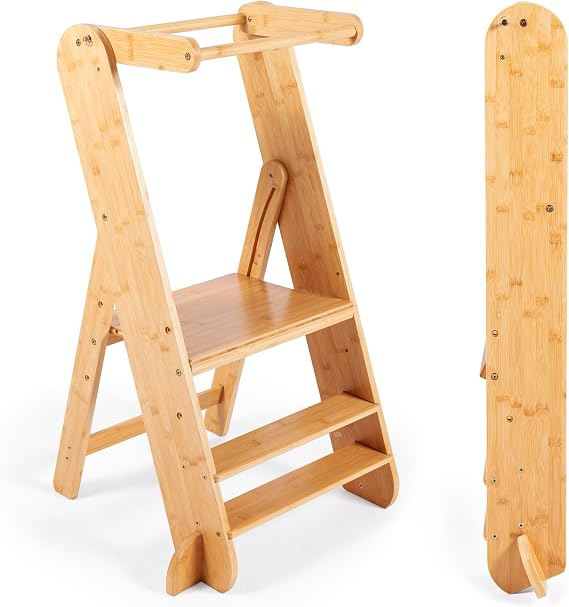 Adjustable Folding Toddler Tower, 3 Level Height Adjustable, Montessori Learning Stool, Kids Standing Tower for Kitchen and Bathroom.
