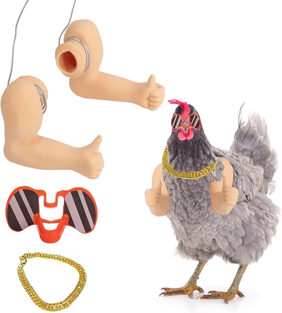 Extguds Thumb up Chicken Arms to Put on Chickens,a Funny Chicken Arm Toy with Peepers and Necklace,a Set of Pet Prank Role-Playing Costumes