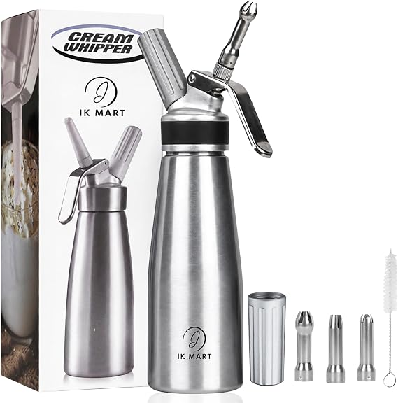 Professional Whipped Cream Dispenser 500ml, Aluminum Cream Whipper with 3 Decorating Nozzles, Leak-Free Dessert Maker for Whipped Cream, Coffee Foam, Mousses and Sauces