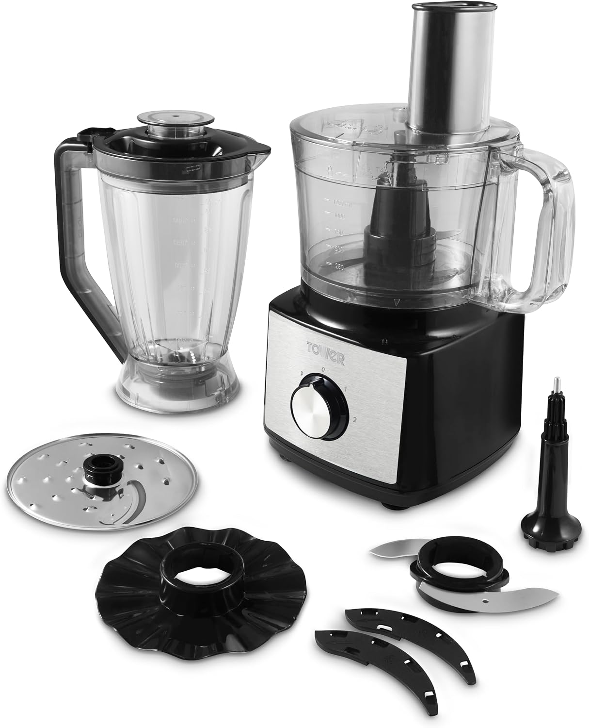 Tower Multi-Function Food Processer & Blender with 2L Mixing Bowl, 1.8L Jug, 2 Speed Settings & Pulse Function, 750W, Black, T18008BLK
