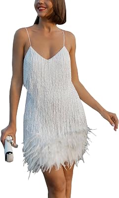 iticat Womens Sequin Flapper Dress Sleeveless Feather Hem Fur Fringe Tassel Splice Glitter Sparkly Shiny Mini Dress