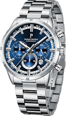 Paras Crown Mens Watches Fashion Luxury 50M Waterproof Chronograph Wrist Watches for Men with Silicone Strap Stainless Steel Case