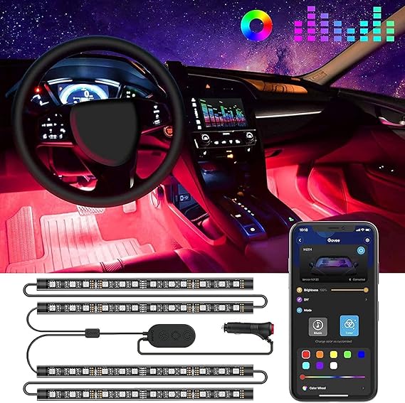 Govee Car LED Lights, RGB Smart Car Interior Lights, App Control | DIY Mode and Music Mode, 2 Lines Design LED Lights for Cars with Car Charger, 12V