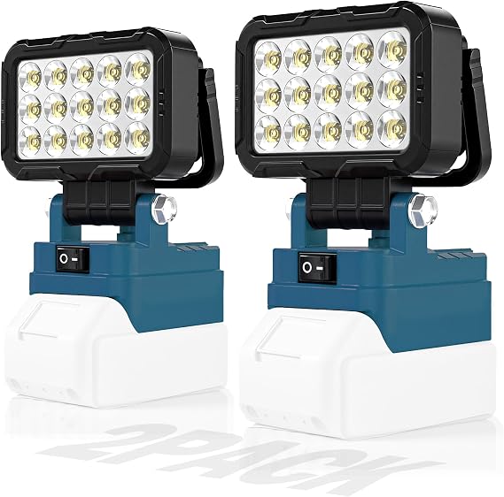 2 Pack LED Work Light Compatible with Makita 18V Battery, 40W 6000LM Cordless Work Light with 2 USB Charging Port, 145 Adjustable Angle Portable Flood Light Flashlight (Battery NOT Included)