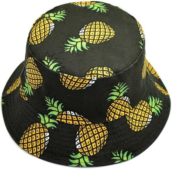 Unisex Fruit Printed Dual Use Bucket Hat Fisherman Hat Sun Visor Hat for Summer Beach Pineapple Black