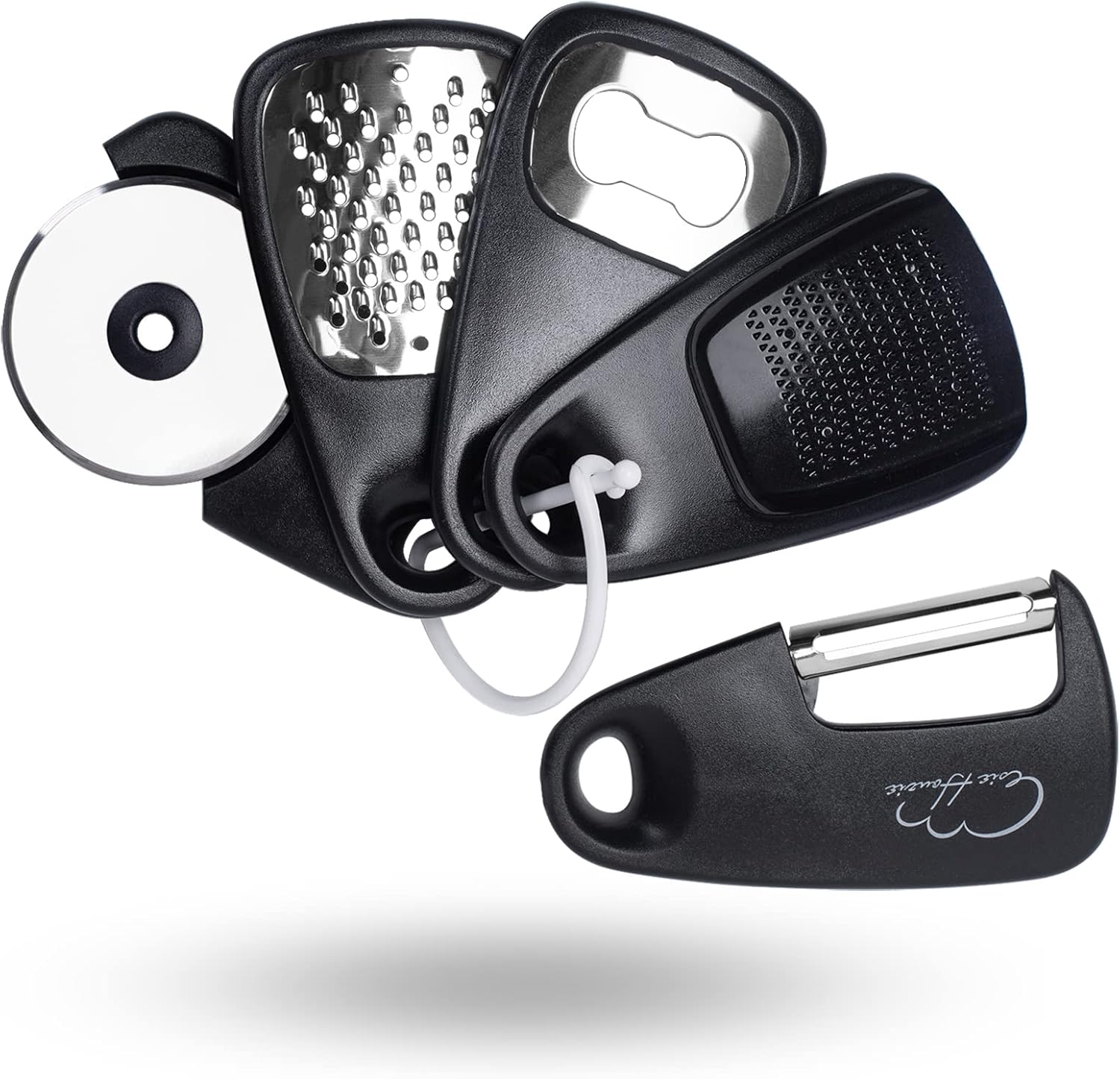 Kitchen Accessories Set of 5, Kitchen Utensils Mini Vegetable Peeler Space-Saving Camping Accessories, Cheese Chocolate Grater, Bottle Opener, Pizza Cutter, Garlic Ginger Grater Black