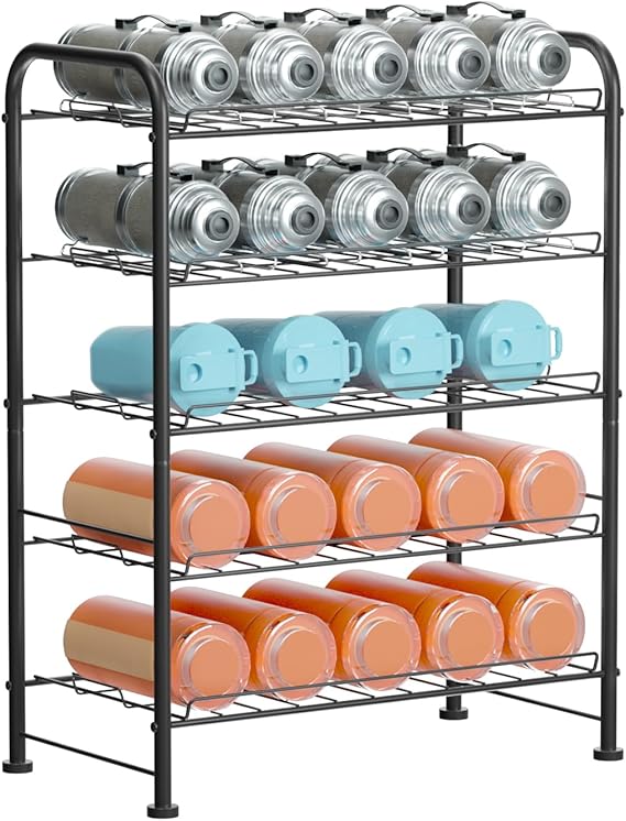 OYEAL Plastic Water Bottle Storage Rack 5 Tier Bottled Water Holder Organizer Freestanding Floor Small Beverage Soda Drink Stand Shelf for Kitchen Pantry Can Storage, Hold 30 Bottles, Black
