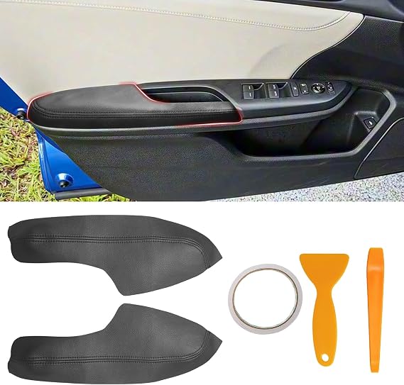 Compatible with Front Door Panels Armrest Cover for Honda Civic 2016-2020 Leather Left & Right Front Door Armrest Trim with Installation Tool 2PCS Black (Leather Only)