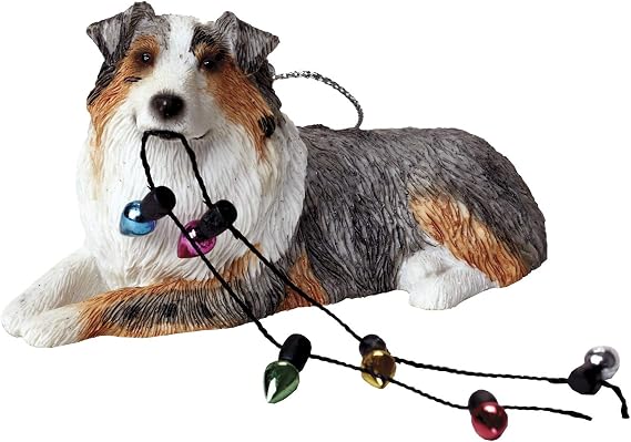 Sandicast Blue Merle Australian Shepherd with Holiday Lights Resin Christmas Ornament