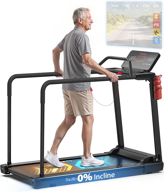 Redliro Backwards Treadmill for Seniors with Long Handrails - 0.3 MPH Start