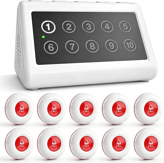 CallToU Wireless Calling System Caregiver Pager Call Button System with 10 Waterproof Call Buttons and 1 Number Receiver for Clinic Nurses Station Restaurant Nursing Home