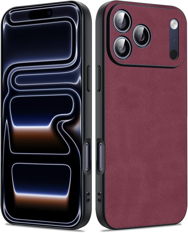iPhone 18 Pro / 17 Proケース、TPUとスエードPUレザーケース、防振滑り止め超軽量高級カバーワインレッド