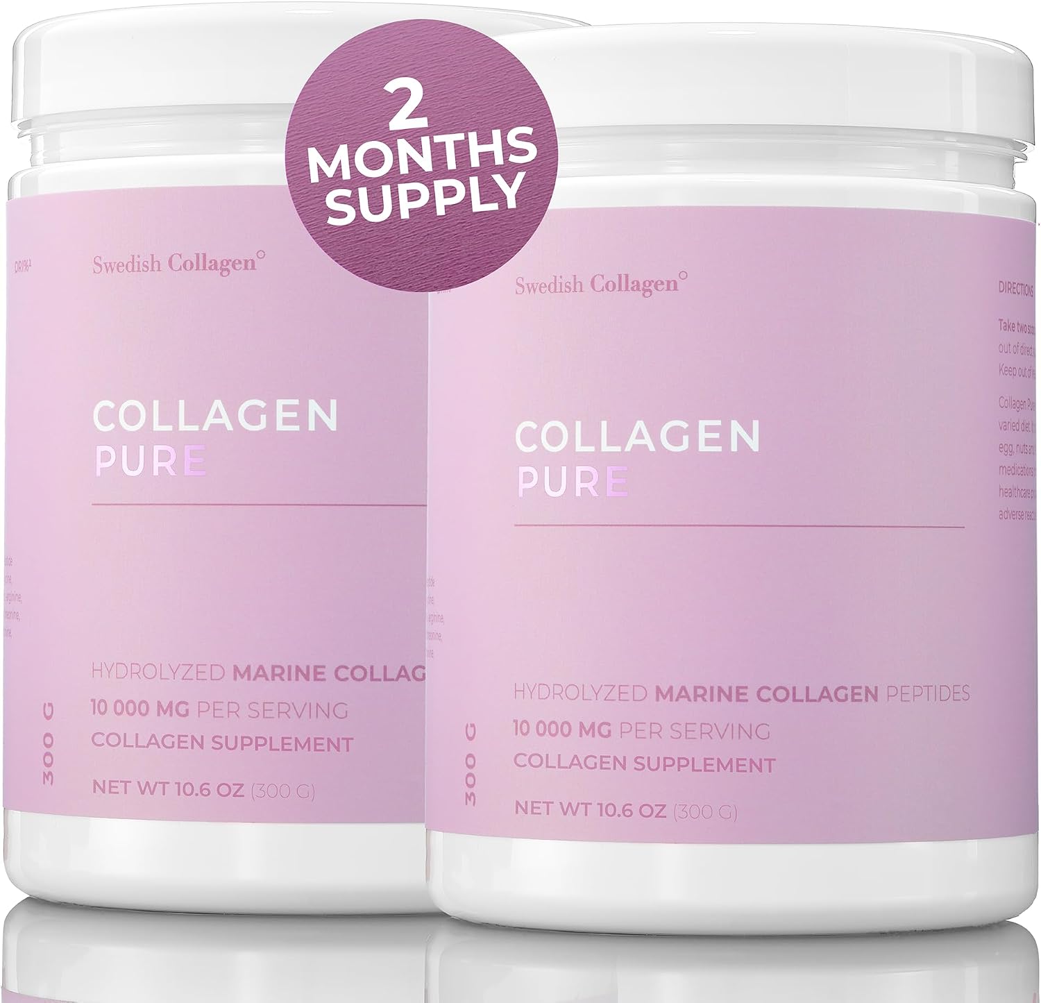 Swedish Collagen - Hydrolyzed Marine Collagen 10,000 mg Powder Supplement - 2 x 300 g 600 g in Total, 60 Day Supply | Pure Peptide for Hair, Skin, Nails & Joints I 100% Natural & Gluten Free