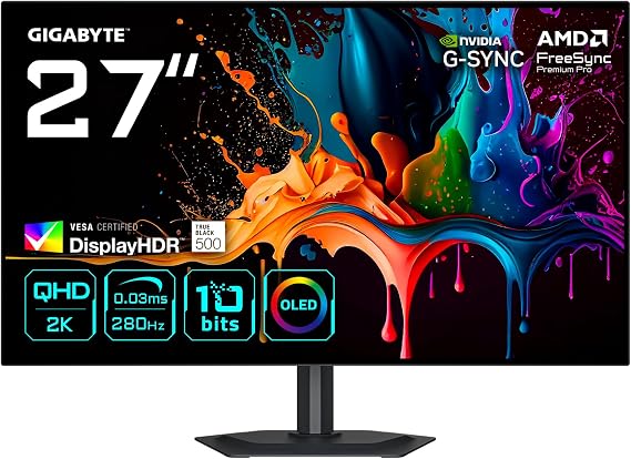 GIGABYTE MO27Q28G 26,5" WOLED Gaming Monitor, QHD (2560x1440), 280Hz, 0.03ms GTG, Mat Ekran, HDMI 2.1, DisplayHDR True Black 500, HDR 1500 nits, KVM & USB-C, Dahili Hoparlör