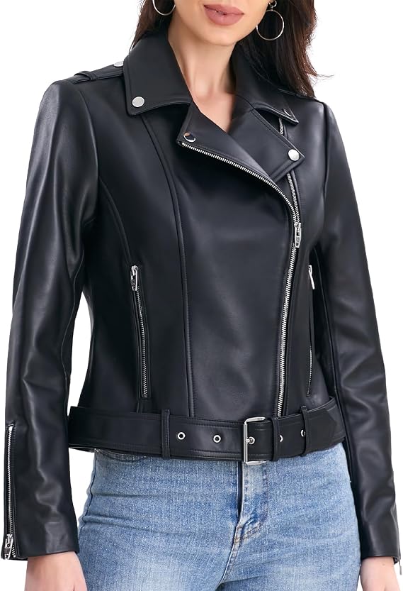 Belted Leather Jacket Women,Lambskin Moto Spring&Fall&Winter Outwear