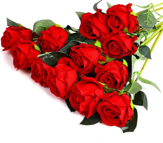 SULOLI 12PCS Artificial Roses,Single Long Stem Fake Rose Silk Bridal Wedding Bouquet Realistic Flower for Home Garden Party Hotel Office Decor(Red)