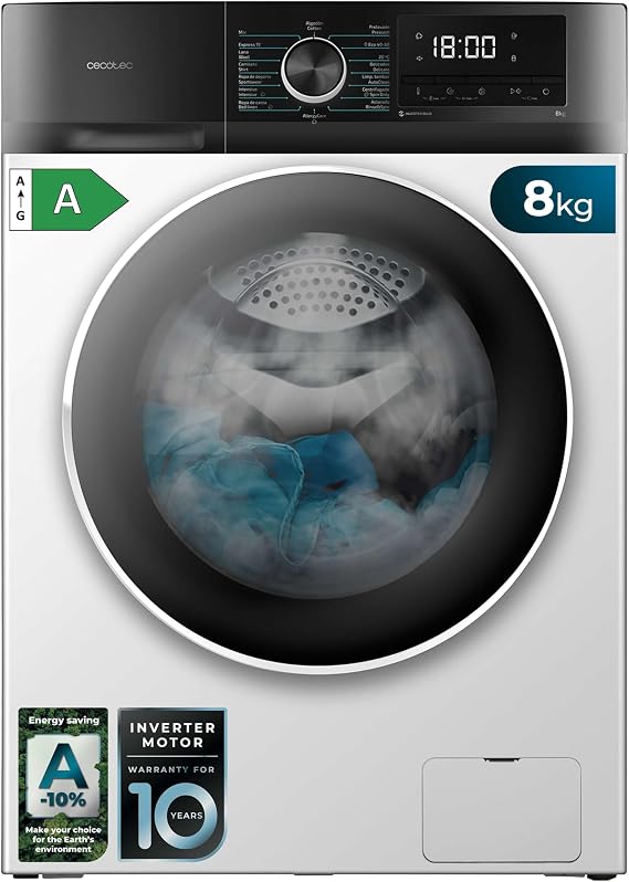 Cecotec Lavadora 8Kg Carga Frontal Bolero Dresscode 8500 Inverter A. 1900W, 1400 rpm, Motor Inverter Plus, Bajo Consumo, 16 Programas, SteamMax, Delay Start, Blanco [Clase de eficiencia energética A]