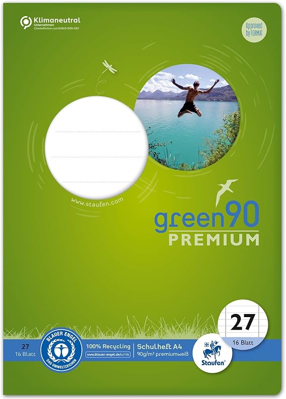 Staufen 040782027 Green notebook, ruling 27, DIN A4, 16 sheets, 90 g/m2, 9 mm lined, with margins, 1 piece
