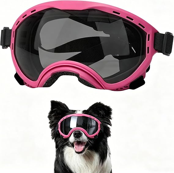 Dog Goggles for Medium Large Breed UV Protection Windproof Anti-Fog Eyewear | Windproof Dustproof Anti-Fog Eyewear For Driving Motorcycling Hiking, Non-Slip Adjustable Elastic Strap, Pink Frame