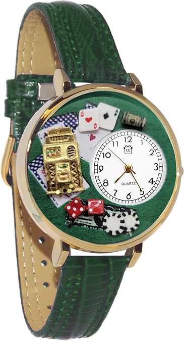 Whimsical Gifts Casino Slot Machine 3D Watch | Gold or Silver Finish Large | Unique Fun Novelty | Handmade in The USA | Green Leather Watch Band