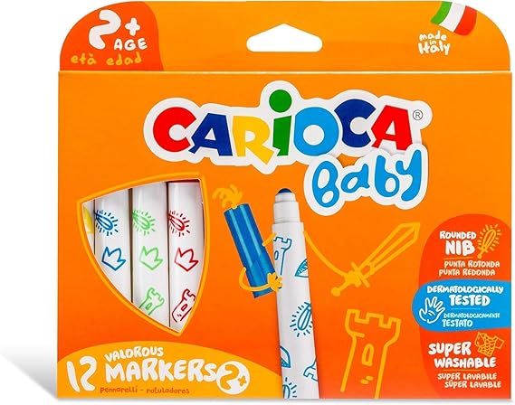 CARIOCA Valorous Markers, Super Washable Markers for Kids Ages 2+, 12 Vibrant Colors in Box, Rounded Tip Baby Marker Pens, Safe and Non-Toxic, Ventilated Cap, Gluten-Free, Dermatologically Tested