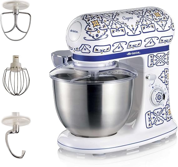 Ariete Capri Kitchen Chef 1588/0C - 1200 Watt Stand Mixer, Dough Kneader, Locking Motor Reaching 2400 Watt, Stainless Steel 5.5 Liter Hopper, 3 Different In-Chamber Apparatus, Anti-Splash Cover