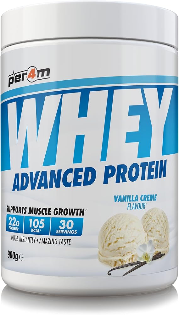 Per4m Whey Protein Powder | High Protein Shake for Muscle Growth &amp; Recovery | Low Sugar Gym Supplement | Sports Nutrition Drink + Amino Acids (900g, Vanilla Creme)