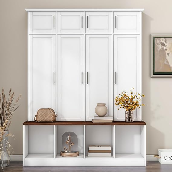 LUMISOL Farmhouse Hall Tree with 4 Hidden Hanging Hooks, Entryway Shoe Cabinet with Seating Bench with 8 Doors, White