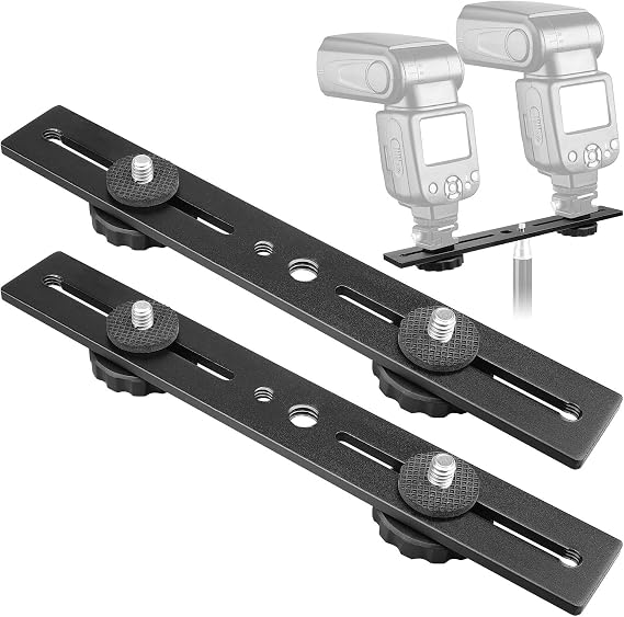 Dual Flash Bracket,Chromlives Dual Tripod Mount Bracket,1/4" Dual Camera Mount Flash Extension Bar,8" Dual Tripod Bracket for Camera,LED Light,DSLR Camera,Tripod,Flash Light(2 Pack)