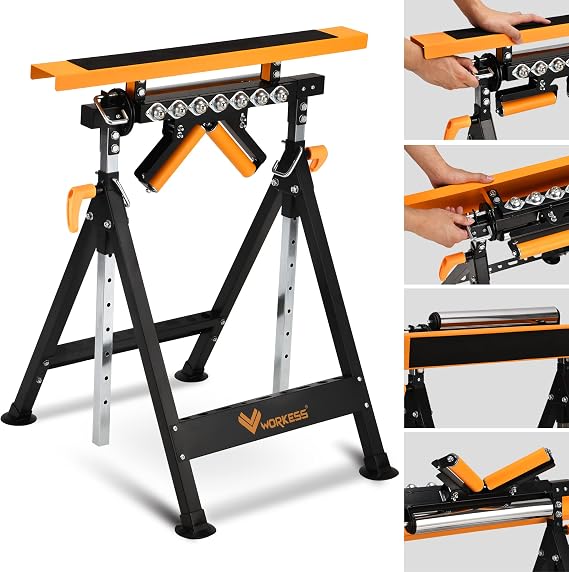 WORKESS 4 in 1 Roller Stand, Stable 440 Lbs Load Capacity with Saw Horses, V-Shaped, Multi-Directional Rollers & Outfeed Roller, Adjustable Height 33- 50, Folding for Woodworking