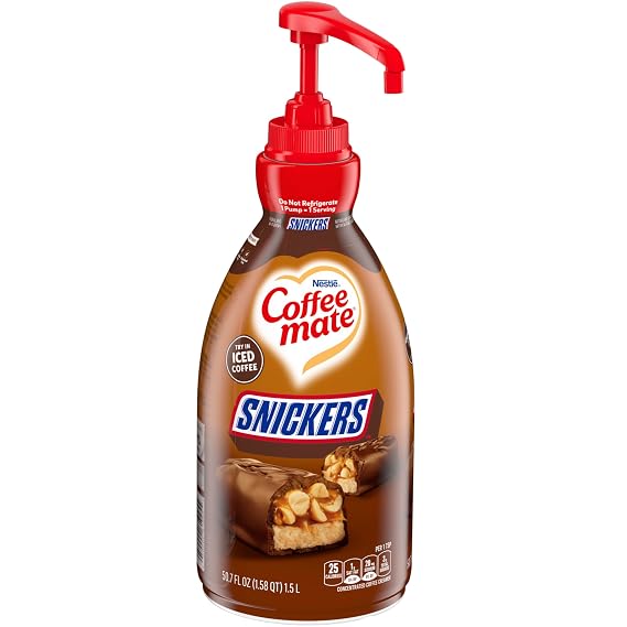 Nestle Coffee mate 1.5 Liter Snickers Liquid Concentrate Pump Bottles | 50.72 fl oz - No Refrigeration Needed, Easy Dispense Pump, 300 Servings