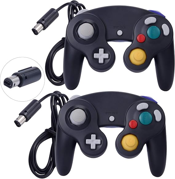 ONE250 2 Pack Classic Shock Joypad Wired Controller, Compatible with Wii NGC Gamecube Game Cube (Black & Black)