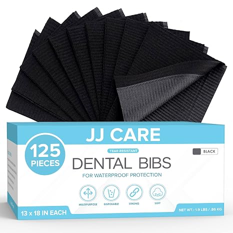 JJ CARE Dental Bibs [Pack of 125] - 13" x 18" Black Dental Bibs, 3 Ply Waterproof Dentist Bibs, Dental Bibs Disposable for Tattoo Bibs, Patient Bibs for Nail Art, Dental Napkins for Piercing