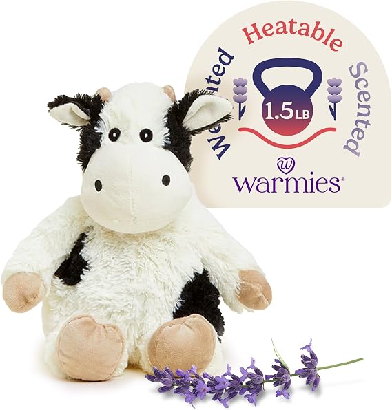 warmies Microwavable & Weighted Stuffed Animals, Black & White Cow - Heated Stuffed Animal Plushie for Warmth & Comfort - Cute Soft Plush Toys for Boys, Girls, Babies & Toddlers