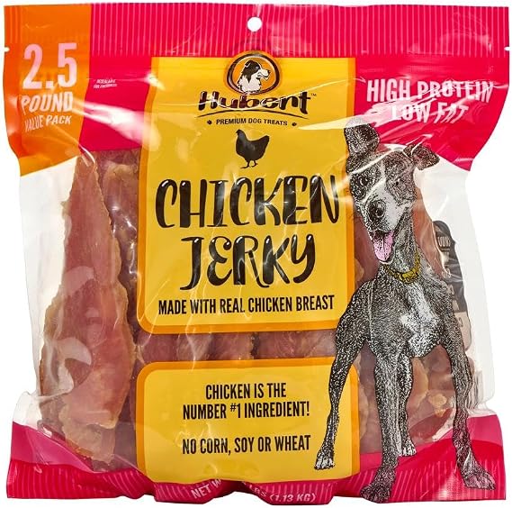 Hubert Chicken Jerky Dog Treats, High Protein Low Fat Grain Free, 2.5 lb | Real chicken jerky, high protein and low fat. Grain free with no fillers. Inspected and tested in the USA, 2.5 lb value bag.