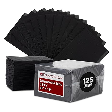 Practicon 125 Pack Black Disposable Patient Bibs, 18" x 13", 3 Ply Waterproof Paper Bib Sheet with Poly Back, Dental, Medical, Tattoo, Nail Tray or Table Cover, 125 Pack | 18" x 13" Paper Bib Sheet with Poly Back for Dental, Medical, Tattoo, Nail Tray or Table Cover