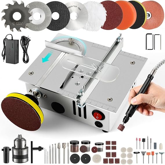 Mini table Saw,mini Table Saws for Crafts, Mini Multi Functional Table Saw, Dual-motor control for cutting, grinding,engraving and drilling.Speed & Angle Adjustable,for Wood/PCB/Acrylic/Plastic