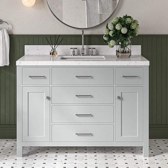 DKB Alenza 48" Grey Bathroom Vanity with Sink, 1.5" Carrara Quartz Countertop, Single Rectangular Undermount Sink, 2 Soft-Closing Doors, 5 Full Extension Dovetail Drawers